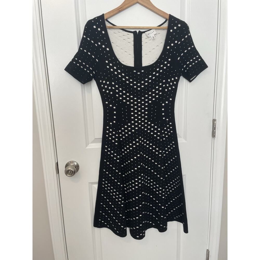 Milly Pointelle Knit Sweater Dress M Black White Fit & Flare Scoop Neck $395 - Picture 3 of 14